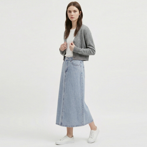 샵앤 여성 뒷밴딩 청 3컬러 5사이즈 2단기장 데님 스커트 SR-WSK-21159-21 연블루