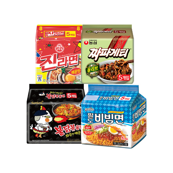 농심외 진라면매운맛5개 + 팔도비빔면5개 + 짜파게티5개 + 삼양불닭볶음면5개_이미지