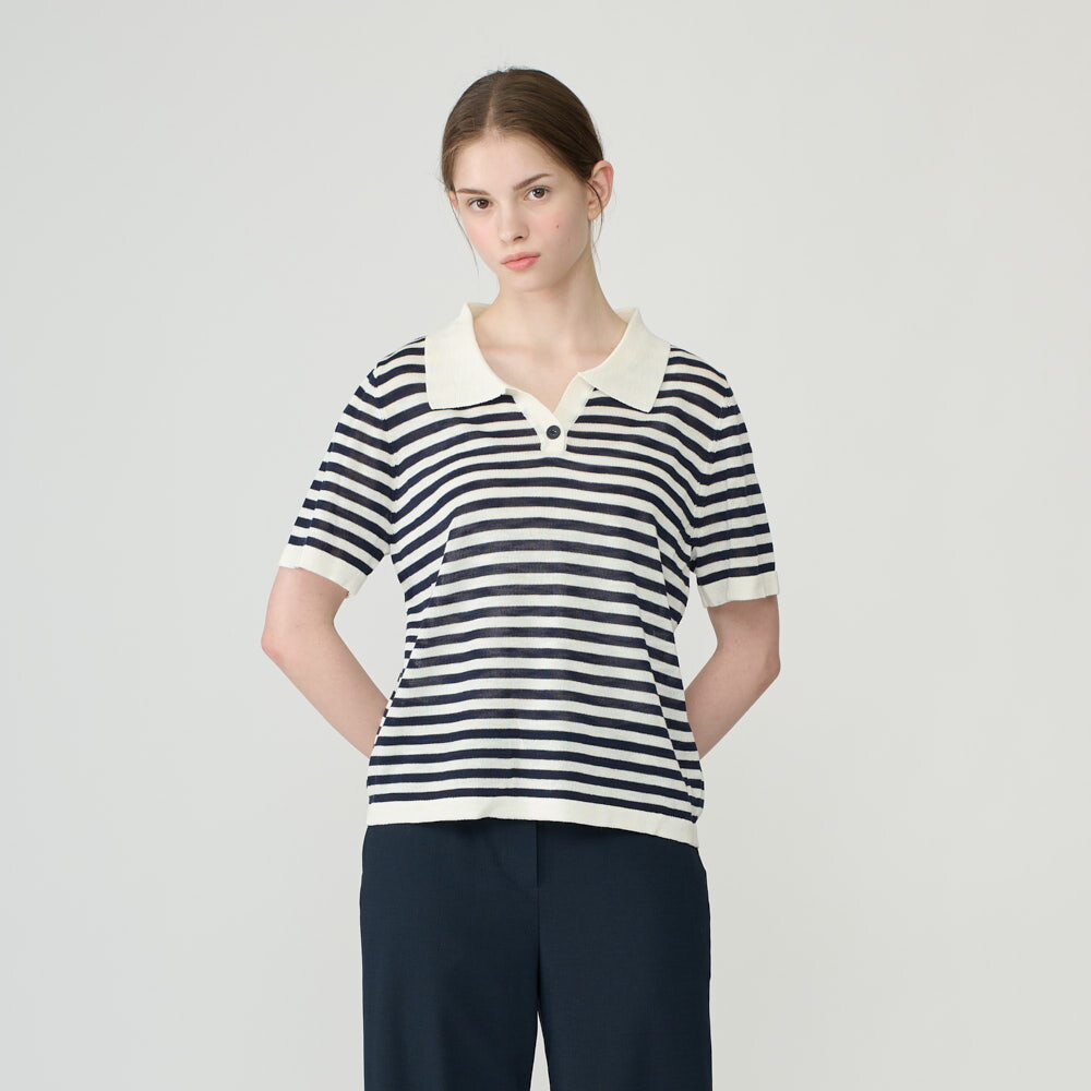 BCBG G 스트라이프 오픈카라 니트 B6F7G473