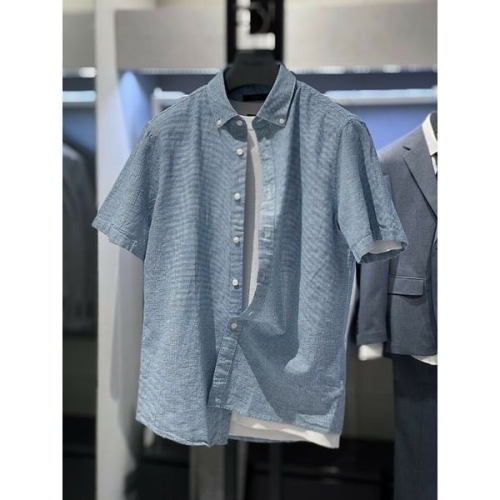 트루젠 라이트블루체크 린넨코튼 혼방 쿨워셔블 워싱 반팔 남자 캐주얼 셔츠 2422RC051237