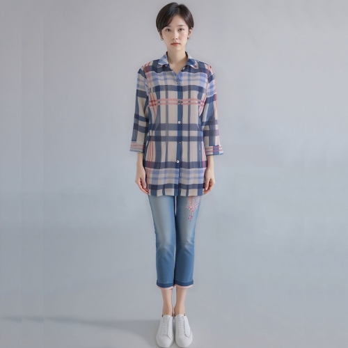 모라도 24년 봄 여름 중년 여성 체크 깔깔이 스탠 블라우스RNM8BL496F-CC_이미지