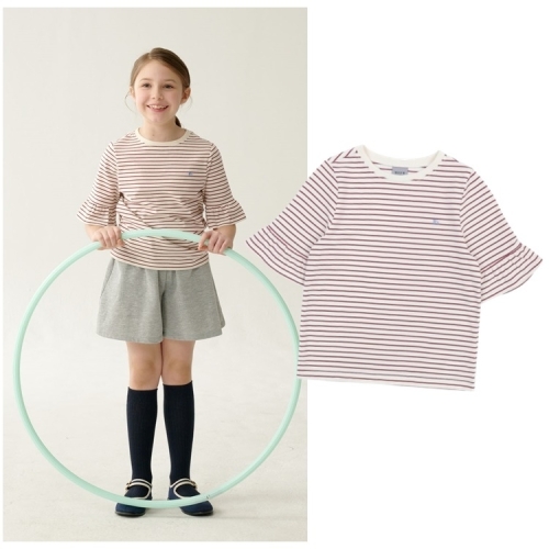 빈 2 BZ18TS02RD 아동 여아 레드 스트라이프 반팔 티셔츠_이미지