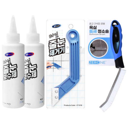 브이텍 타일 줄눈 보수제 x 2개 + 줄눈제거기 + 욕실 틈새 청소솔 (1세트)_이미지
