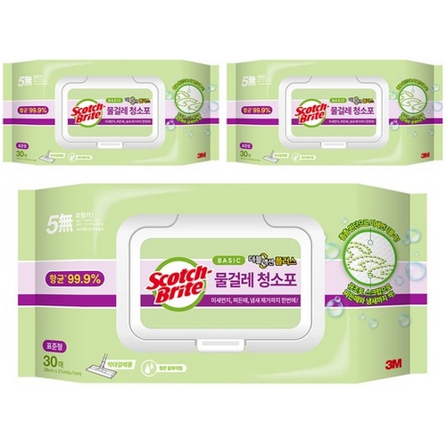 3M 스카치브라이트 베이직 물걸레 청소포 더블액션 플러스 표준형 30매 (3개)