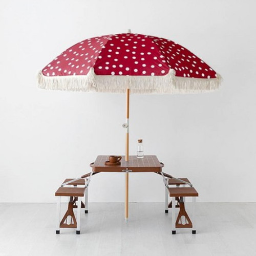 마켓비 로밀 테슬 파라솔 다크핑크 + 캠폴 야외 의자일체형 접이식 테이블 4인세트 브라운