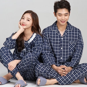 이라인 국산 윈저 트윌순면 커플잠옷 여성 남성 긴팔 파자마 이지웨어 홈웨어