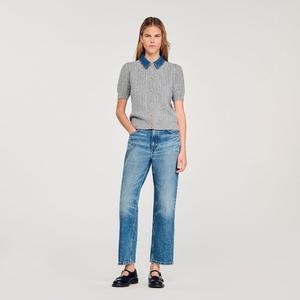 산드로 SANDRO 데님 카라 반팔 니트 Gris SFPCA01257_이미지