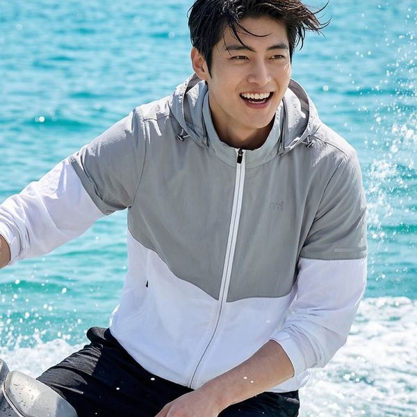 배색 스판 바람막이 자켓 662712 그레이 후드 집업 35864938