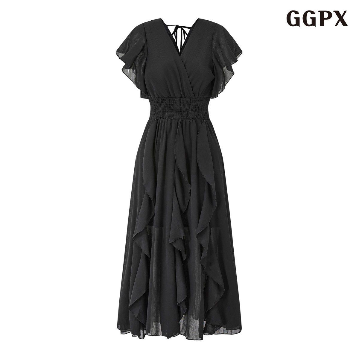 GGPX 여성 러블리 백 끈 브이넥 프릴 롱 피스 GQBOW020D_이미지