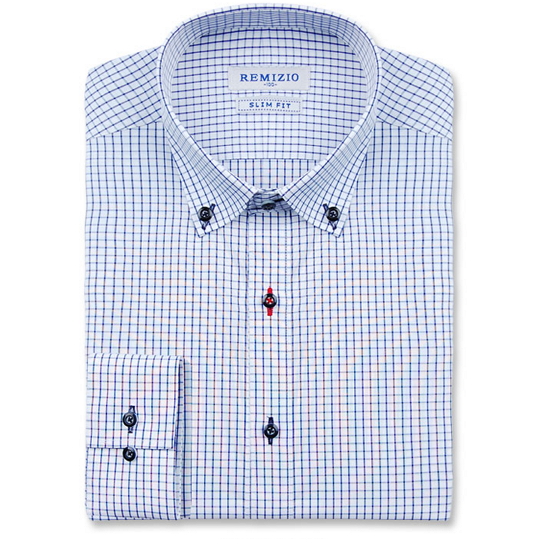 레미지오 남성 슬림 레드포인트 단추 블루 셔츠_S1155