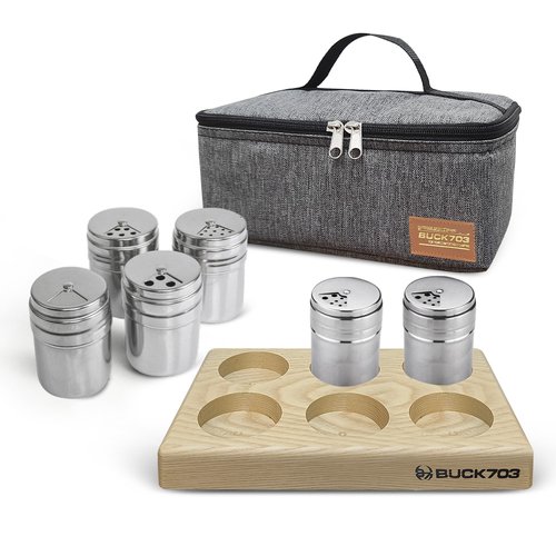 캠핑 스텐양념통 6p 우드받침대 세트