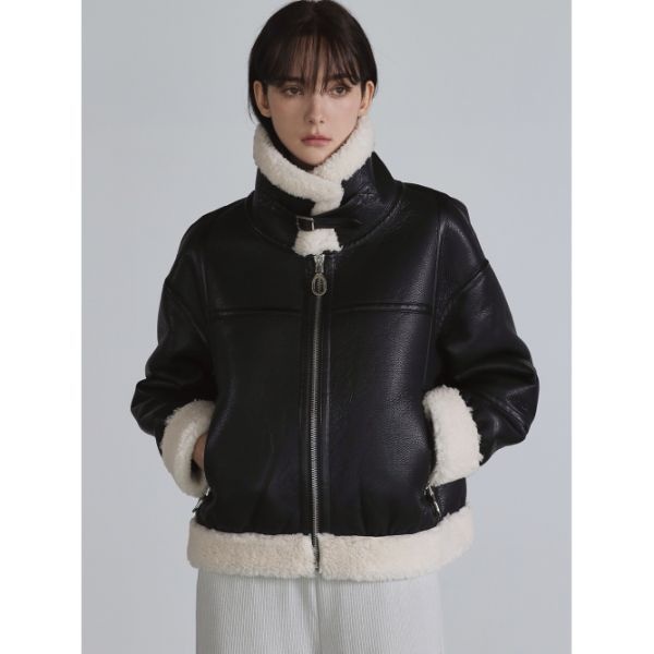 GREEN LAB FAUX 퍼 하이넥 무스탕 쟈켓 블랙 아이보리 438775