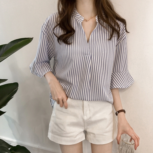 여성 세로 스트라이프 프릴 블라우스 세로줄 셔츠 줄무늬 AYN6BL133A