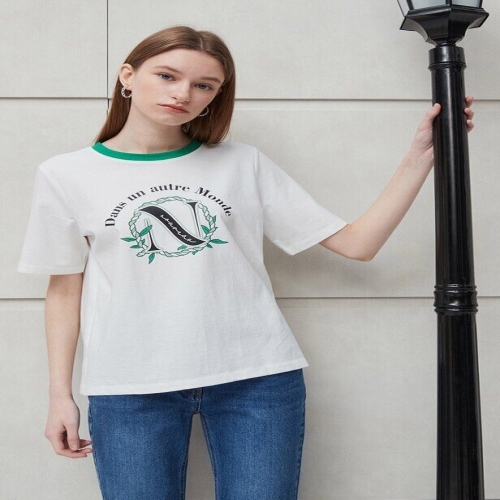 더아이잗 여성 네크 배색 프린트 티셔츠 IN4MOTS76