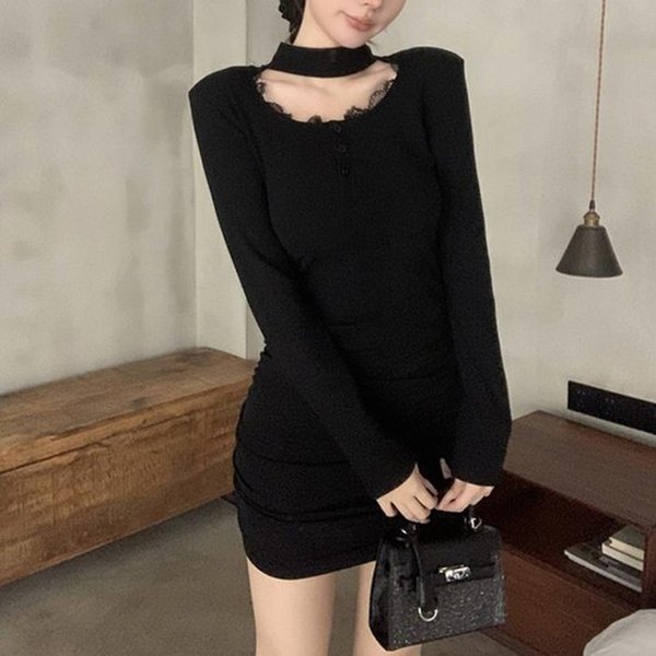 더블디 힙라인 셔링 라운드 레이스 단추 원피스 TDN-0207 40698939A