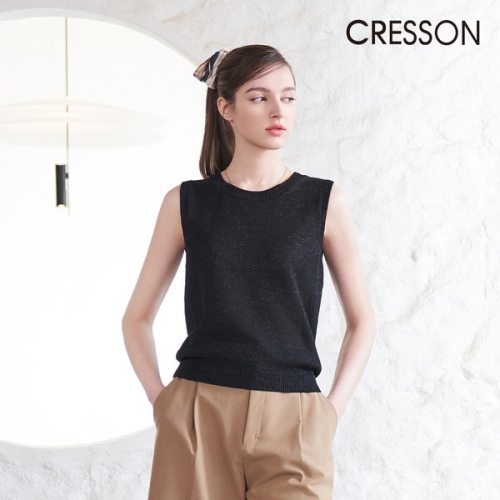 크레송 여성 베이지 글리터 슬리브리스 니트탑 C241B901A_04_이미지