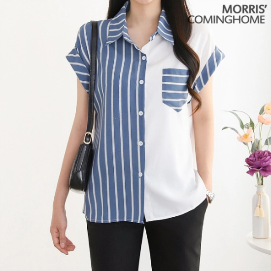 모리스커밍홈 세로 줄무늬 가오리소매 블라우스 M2206BL620B_이미지