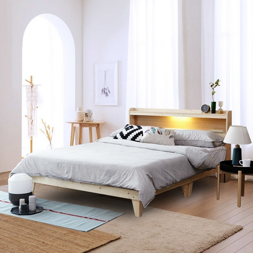 모닝듀 소나무 원목 수납 LED침대 Q