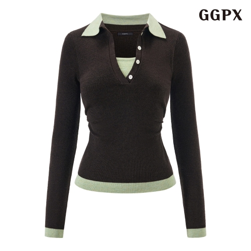 연승어패럴 GGPX 레이어드 반버튼업 카라 사이드 배색 셔링 니트 GQAKT003D