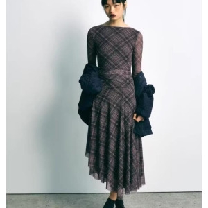 자라 6H1165 봄신상 여자체크무늬원피스 주름 롱원피스 5039284_이미지