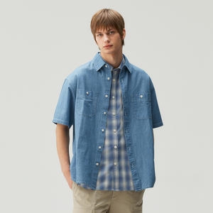 마인드브릿지 남성용 샴브레이 오버핏 면 반팔워크셔츠 MZWS31A5 095 멜란지인디고_이미지