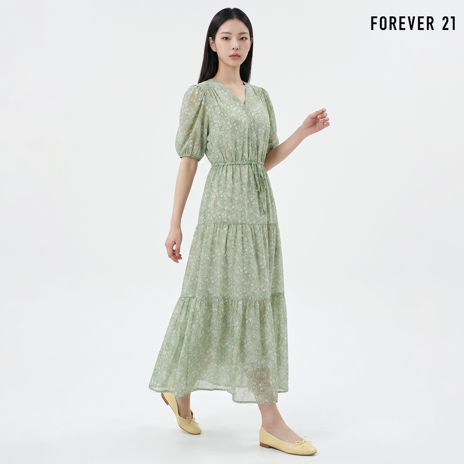  FOREVER21 플라워 브이넥 스트링 반팔 롱 원피스 FTDBOP012