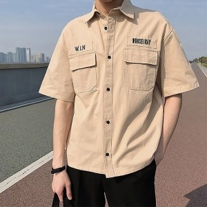  쿠디 남자 레터링 투포켓 레이어드 캐주얼 반팔 셔츠 W8881E7 W8881E7