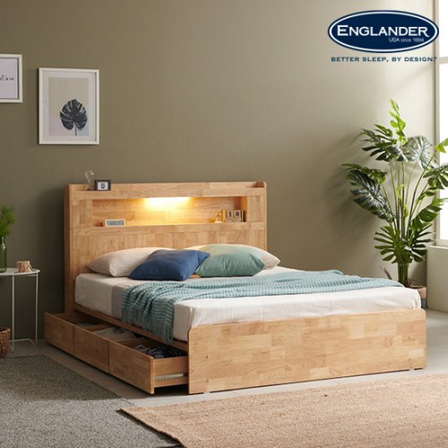 잉글랜더 라이언 3단 원목 수납 LED침대 Q (매트별도)_이미지