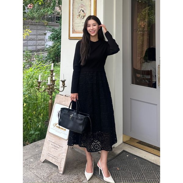 뉴욕 우먼 리뷰이벤트 뉴욕 블랙 레이스 코튼혼방 니트 원피스 JSDR3D151BK 77641