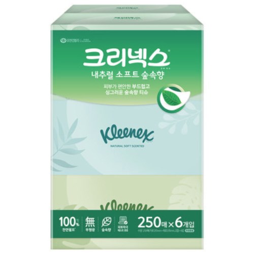 유한킴벌리 크리넥스 내추럴 소프트 숲속향 미용티슈 250매 (6입) (1팩(6입))