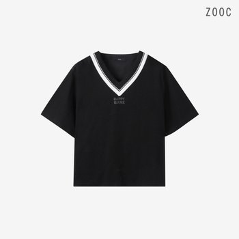 ZOOC 플리츠 블록 브이넥 티셔츠 BK_V262MSM939