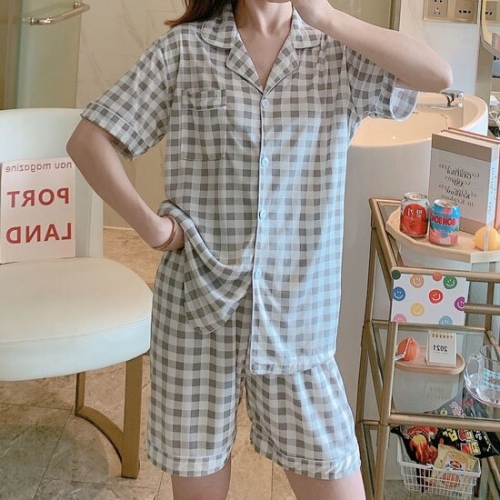 어나더뷰 어나더뷰 미니체크그레이 여성 반팔 파자마 상하세트 1003