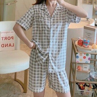 어나더뷰 어나더뷰 미니체크그레이 여성 반팔 파자마 상하세트 1003