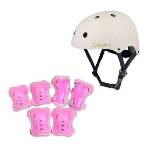 크로니 자전거 헬멧 + 보호대 세트 CR1 (웜그레이+핑크)_이미지