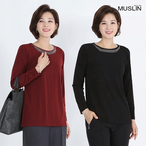 모슬린 엄마옷 50대 중년여성의류 엄마옷 큐빅 네크라인 라운드 티셔츠 TS515191 여성의류 빅사이즈 4060_이미지