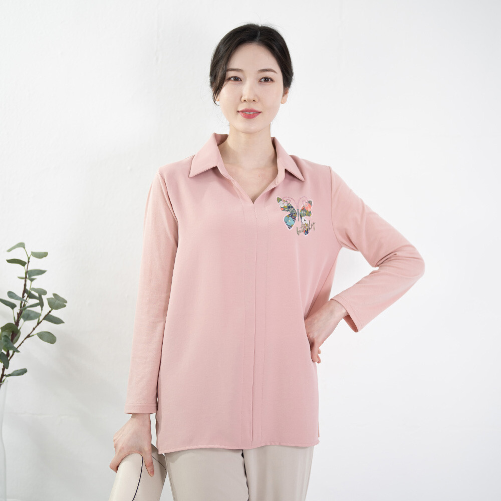 모슬린 엄마옷 나비 스판 카라 티셔츠 TK202225 중년여성/50대/60대/70대/빅사이즈/할머니옷_이미지