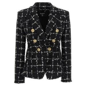 발망 SS24 자켓 Tweed double-breasted blazer White/Black CF1SG006CE64EBB