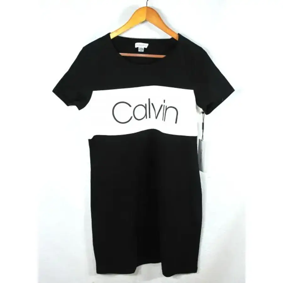 캘빈클라인 여성 티셔츠 드레스 L 사이즈 블랙 화이트 크루넥 CK 로고 5464237_이미지