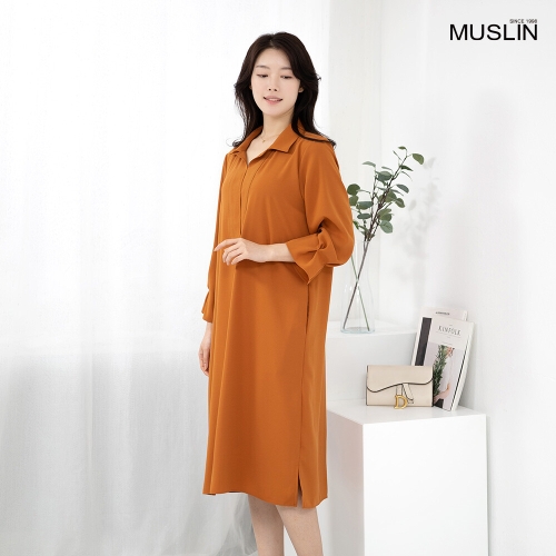 모슬린 엄마옷 반오픈 카라 롱 원피스 OP613437 중년여성/50대/60대/70대/빅사이즈/할머니옷_이미지