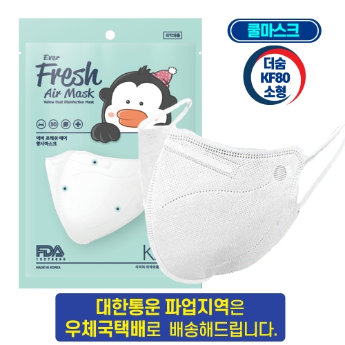 더숨 kf80 소형 어린이용 새부리형 쿨링감소재 귀통증없는 특수밴드 에버프레쉬 보건용마스크 1매입 개별포장 30개 화이트