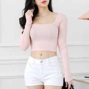퍼스트클로 여성 스퀘어넥 골지 타이트 이너쫄티 크롭 긴팔티셔츠_BLT5507_이미지
