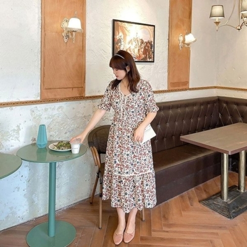 러블리 플라워 패턴 롱 원피스 반팔 쉬폰 빅사이즈 KYR-WDC455F_이미지