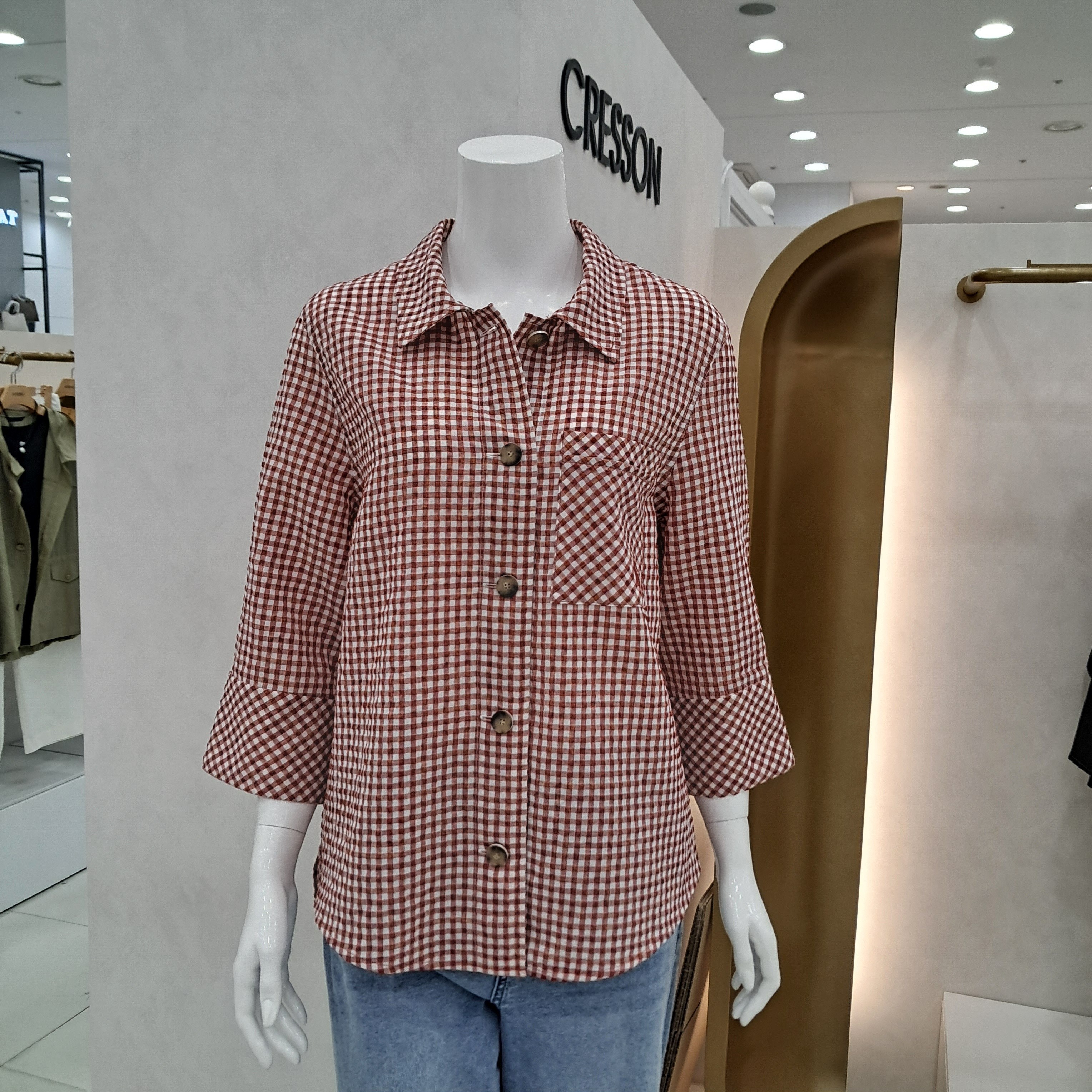 크레송 잔체크 칠부소매 블라우스 ODCFBP98_DG