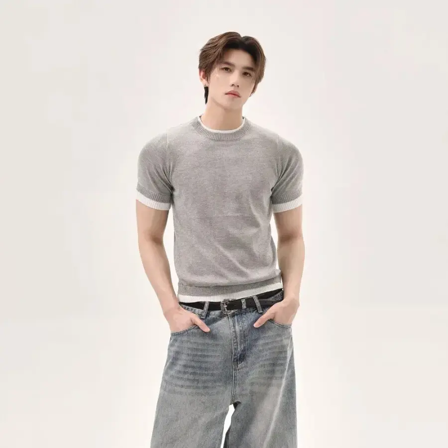 남성 여름 가짜 투피스 솔리드 니트 반팔 티 칼라 오피스룩 A58Z2P 룩템