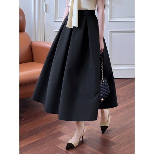 모리스커밍홈 55-66 핀턱 플레어 바스락스커트 검정치마 여름스커트 플레어스커트_M2504SK021A_이미지