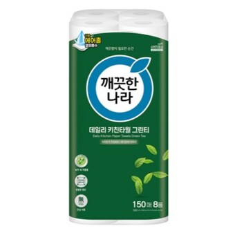 깨끗한나라 데일리 <b>키친</b>타월 그린티 150매 (8입)