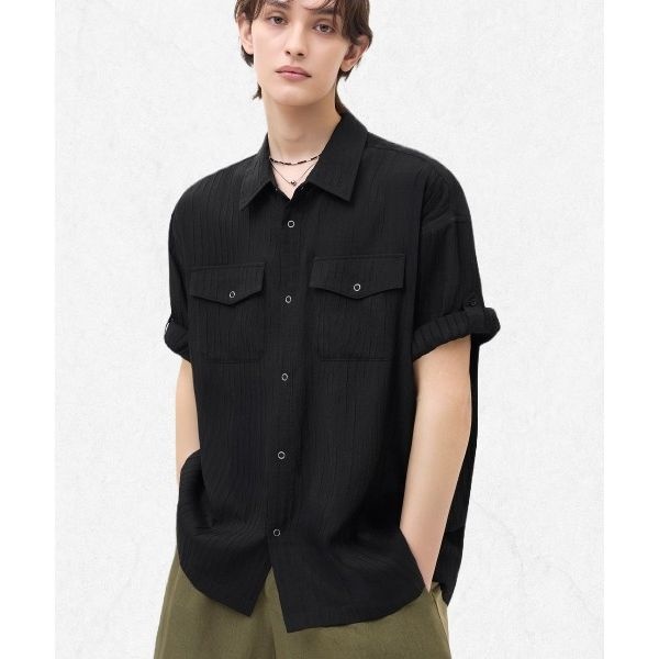 트릴리온 TRILLION 링클 시어 오버핏 롤 업 반팔 셔츠 블랙 TRSSH35BK 2516748