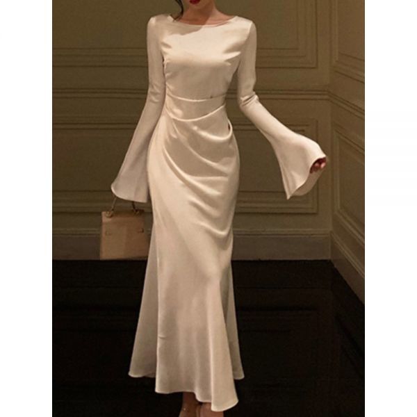 샤틴 가을 광택 긴 드레스 여성 주름 소매 슬림 인어 용수철 프렌치 빈티지 웨딩 파티 무도회 가운 302222_이미지