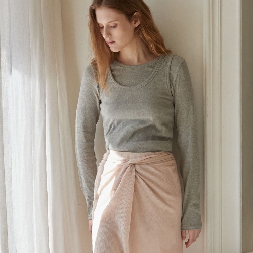 �Ľ��� �����Ǽ� U-neck ribbed layered t shirt set Melange gray BETP003GY