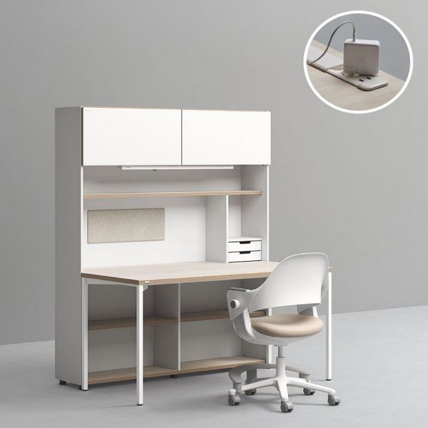 데스커 5단 콘센트형 책상세트+조명+도어+의자 (1400x590)_이미지